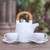 White Ceramic and Wood Tea Set for Two 5 Pcs 'Midday Cup'