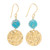 Reconstituted Turquoise Bead and Brass Coin Dangle Earrings 'Golden Coin in Turquoise'