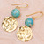 Reconstituted Turquoise Bead and Brass Coin Dangle Earrings 'Golden Coin in Turquoise'