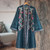 Embroidered Long Blue Cotton Velvet Open Front Jacket 'Embroidered Chic'