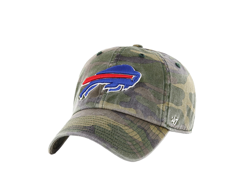 BUFFALO BILLS CAMO 
Relaxed and curved w/metal adjustable strap 
Official License Product!
Red White and Blue Buffalo Emblem on Front of Hat
One Size Fits Most