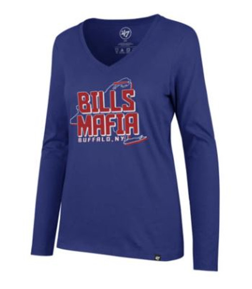 Buffalo Bills Mafia Ladies V-Neck  L/S Tee
70% Cotton 30% Polyester 
Ladies Sizing
Plain Back
Color: Royal
Official License Product!
