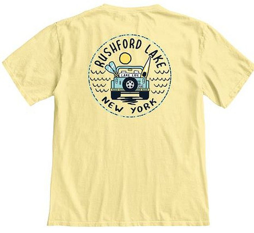 Rushford Lake Butter Dyed Ringspun Tee
Rushford Lake New York On Front Chest
Rushford Lake New York Lake Life, and License Plate # is 1928 On Back Of Shirt