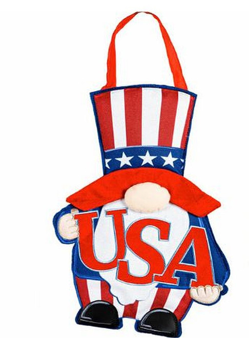 USA Gnome Door Decor Size: 12" x 18"
Bright eye-catching colorful 3-Dimensional detail
Durable high-quality outdoor burlap fabric
Includes pretty grosgrain ribbon ready to hang on your door
Care: Recommended covered outdoor use
