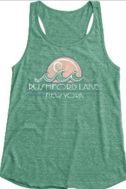 Rushford Lake Visionary Waves Ladies Racer Back Lagoon Tank
Color: Lagoon
50 % Polyester, 37% Cotton, 13% Rayon
Sizes: S, M, L, XL,