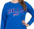 Buffalo Bills Ladies L/S   Brushed Crew -Applique Design W/Bling
Blend Of Polyester, Rayon , & Spandex
With Side Slits
Color Royal
Official Licensed Product
Sizes: S, M, L, XL