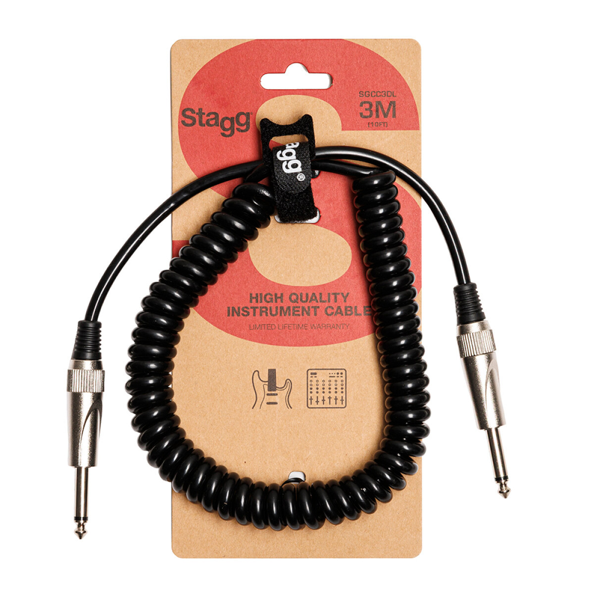 Stagg 3 m (10') Deluxe Coiled Instrument Cable -Straight to Straight