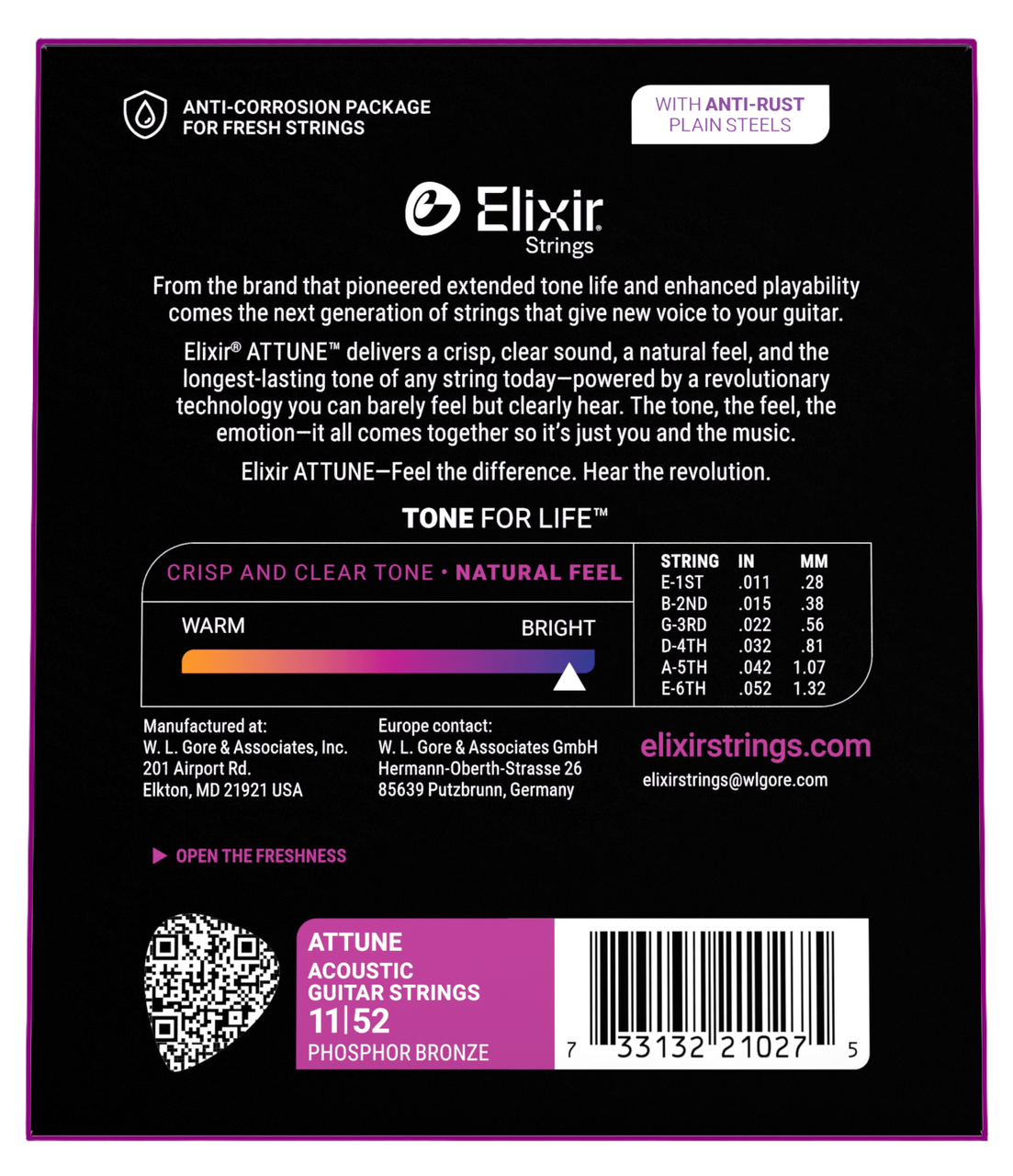 Elixir Attune Acoustic Phosphor Bronze Guitar Strings, Custom Light (.011-.052)