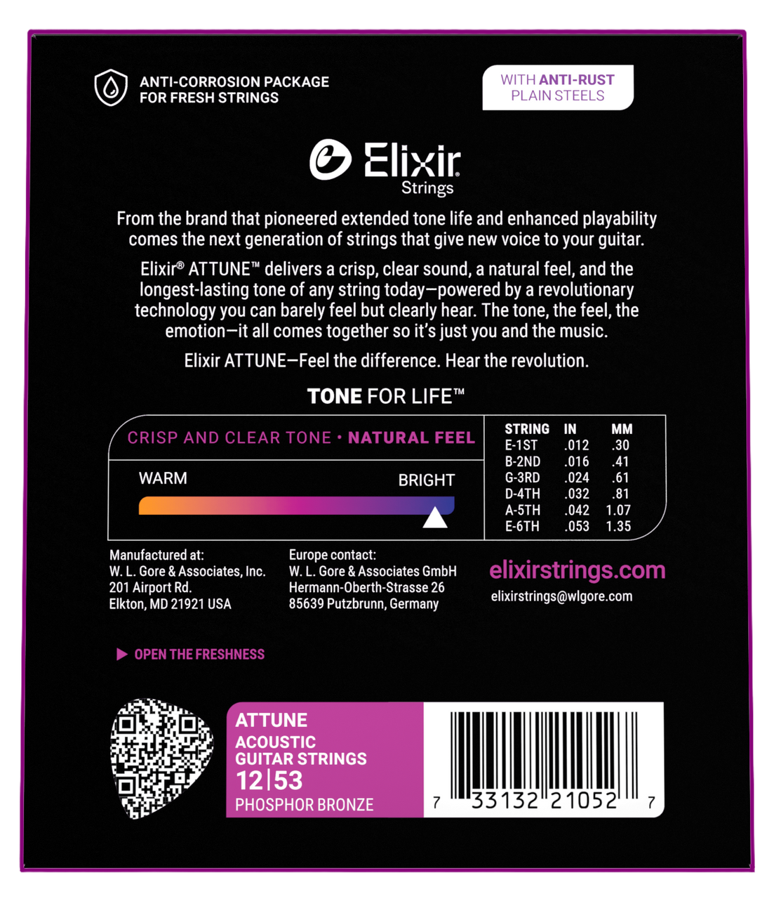 Elixir Attune Acoustic Phosphor Bronze Guitar Strings, Light (.012-.053)