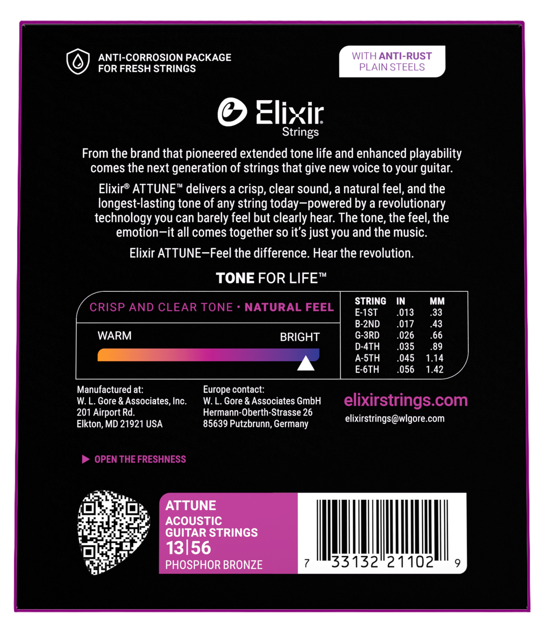 Elixir Attune Acoustic Phosphor Bronze Guitar Strings, Medium (.013-.056)