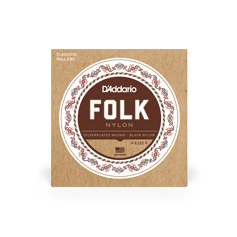 D’Addario Normal Tension Ball End, Silver-Wound/Black Nylon, Folk Nylon Classical Guitar Strings