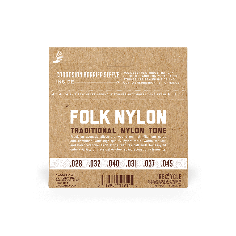 D’Addario Normal Tension Ball End, Silver-Wound/Black Nylon, Folk Nylon Classical Guitar Strings