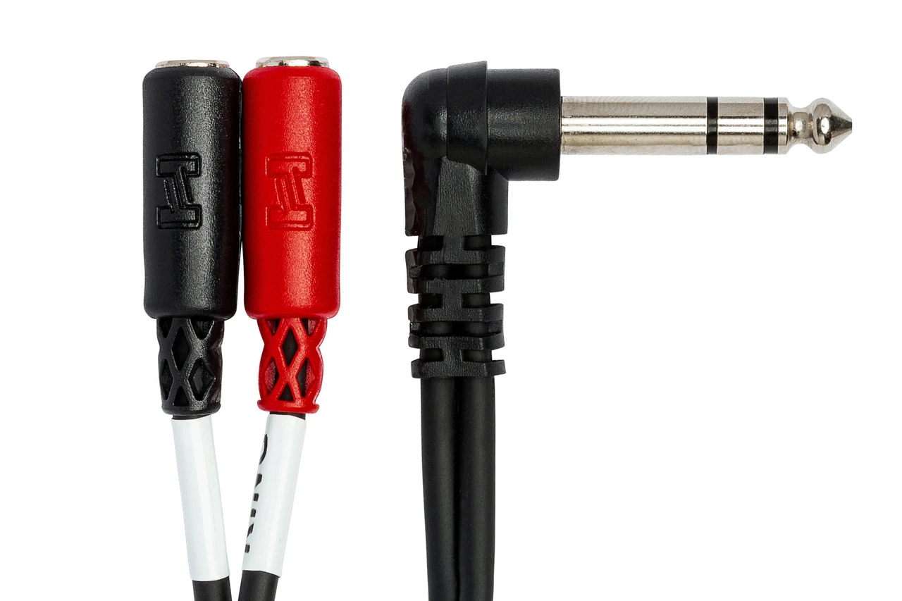 Hosa YPM-523 Stereo Breakout Right-angle 1/4 in TRS to Dual 3.5 mm TRSF