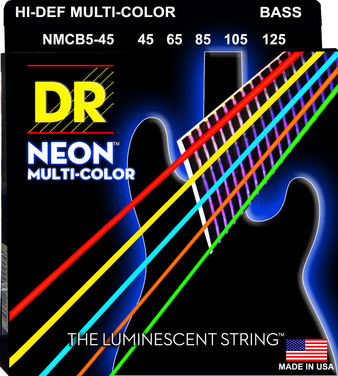 DR Hi-Def NEON Multi-Color: Coated Bass Strings: 45, 65, 85, 105, 125