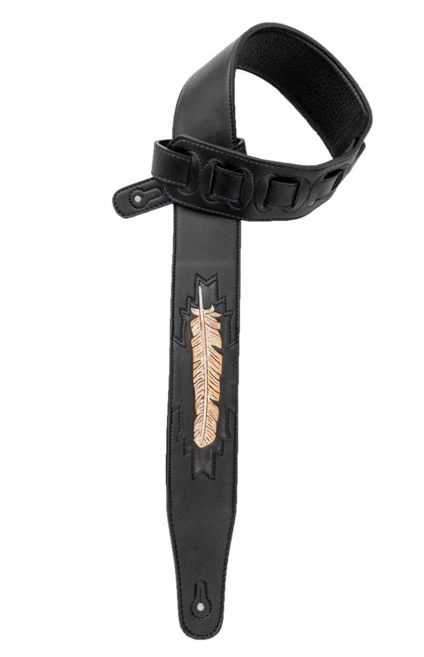 Black Leather Strap Hand Carved Feather Design