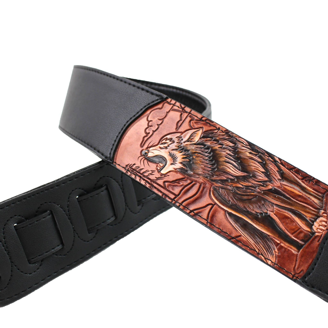 Hand Carved Brick Red & Brown Howling Wolf On Black Leather Strap