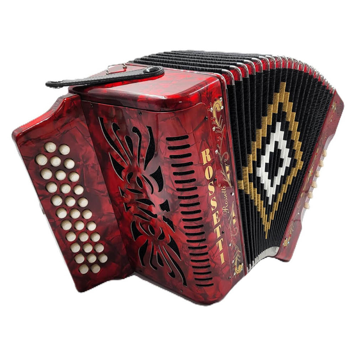 Rossetti 3 Row, 31 treble, 12 bass Diatonic button red accordion FBE Fa