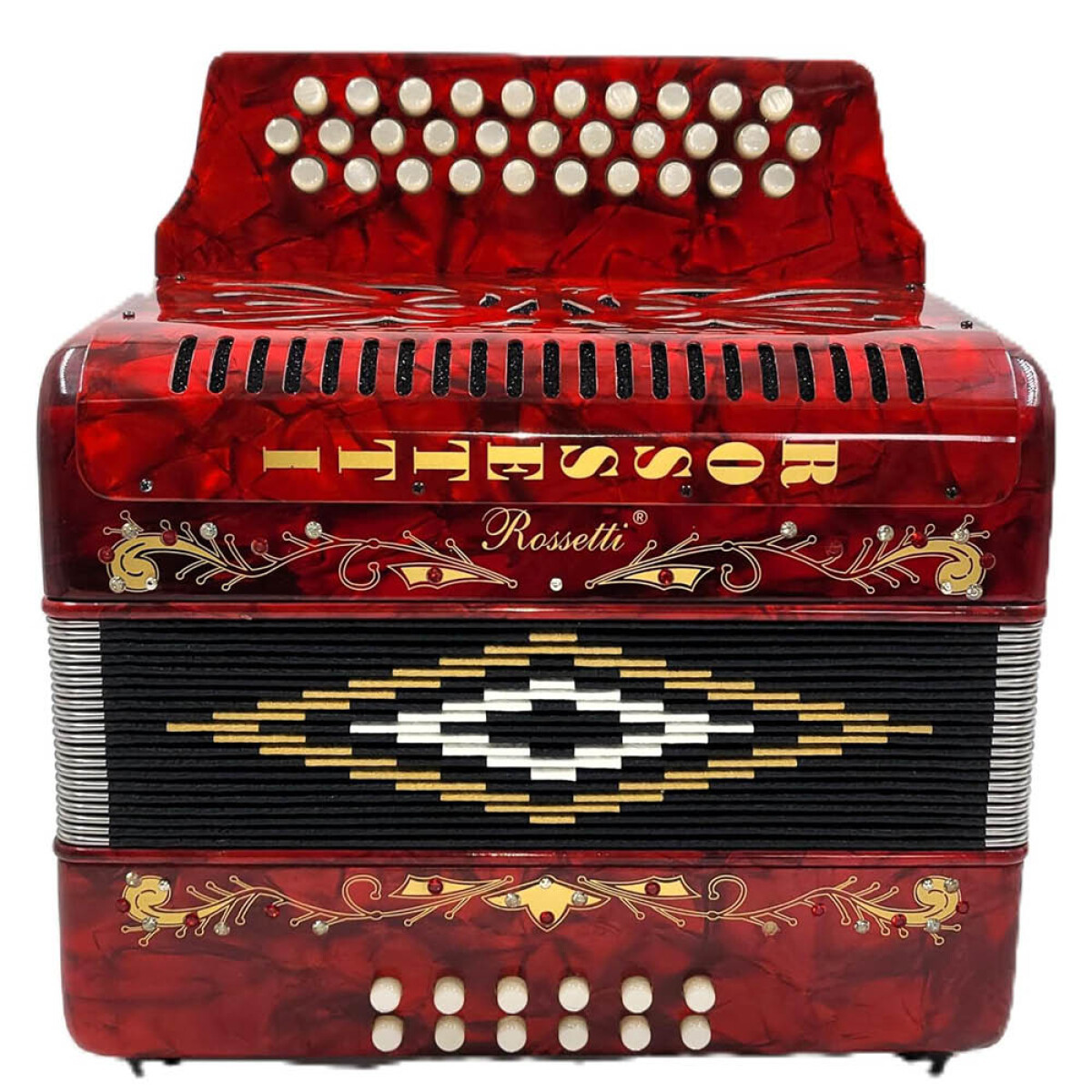 Rossetti 3 Row, 31 treble, 12 bass Diatonic button  red accordion GCF Sol