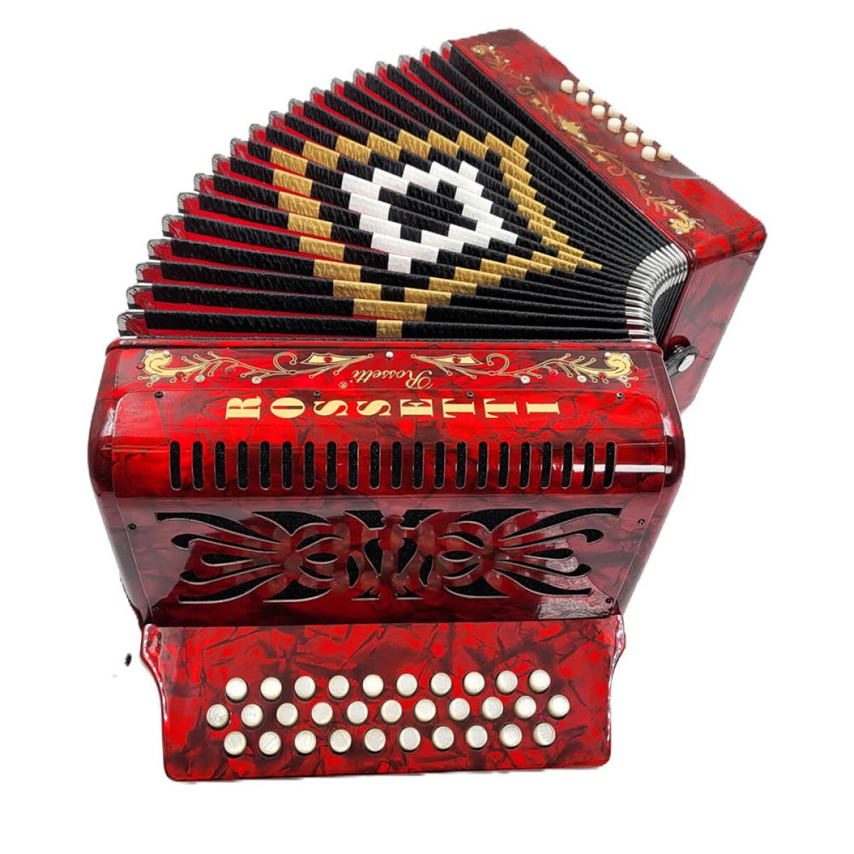 Rossetti 3 Row, 31 treble, 12 bass Diatonic button  red accordion GCF Sol