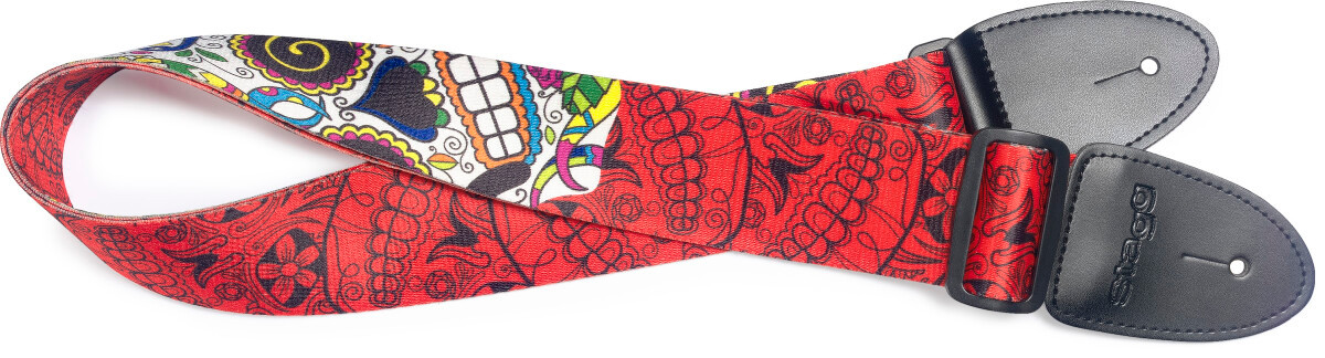 Stagg Terylene guitar strap Mexican skull Red