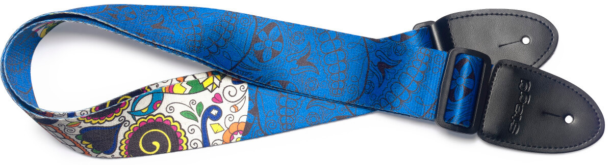 Stagg Blue terylene guitar strap with big Mexican skull pattern