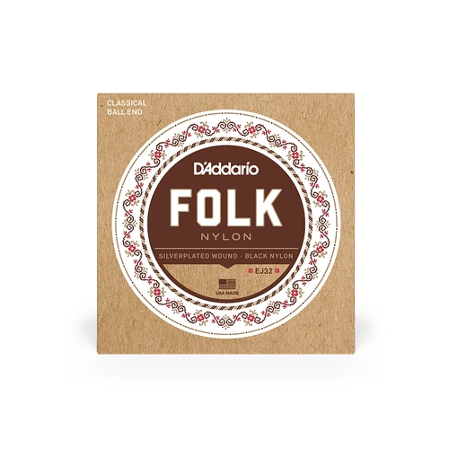 D’Addario Normal Tension Ball End, Silver-Wound/Black Nylon, Folk Nylon Classical Guitar Strings