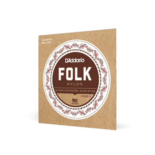 D’Addario Normal Tension Ball End, Silver-Wound/Black Nylon, Folk Nylon Classical Guitar Strings