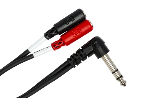 Hosa YPM-523 Stereo Breakout Right-angle 1/4 in TRS to Dual 3.5 mm TRSF