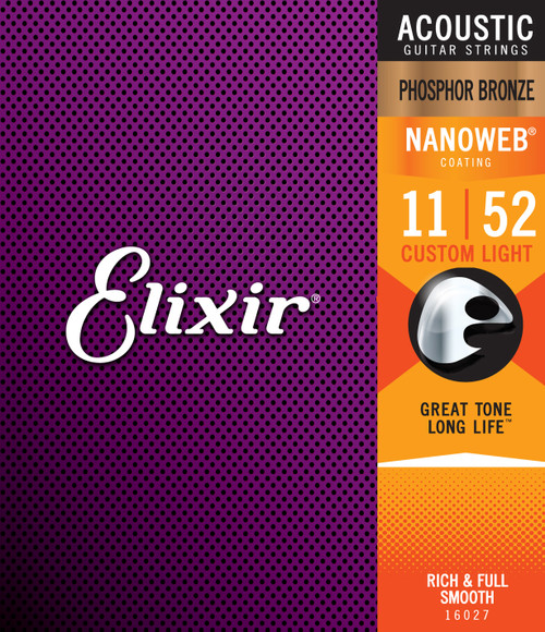 Elixir Phosphor Bronze Acoustic Guitar Strings w NANOWEB Coating, Custom Light (.011-.052)