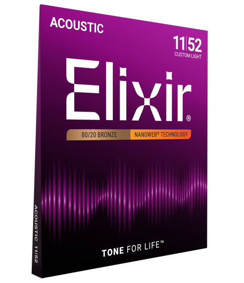 Elixir 80/20 Bronze Acoustic Guitar Strings w NANOWEB Coating, Custom Light (11-52)