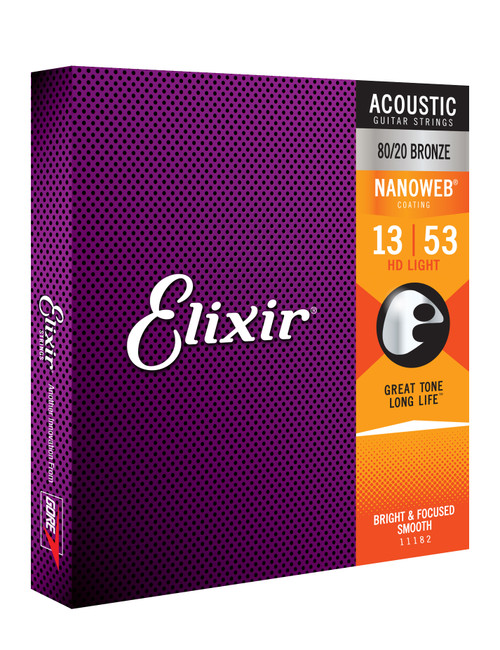 Elixir 80/20 Bronze Acoustic Guitar Strings w NANOWEB Coating, HD Light 13-53