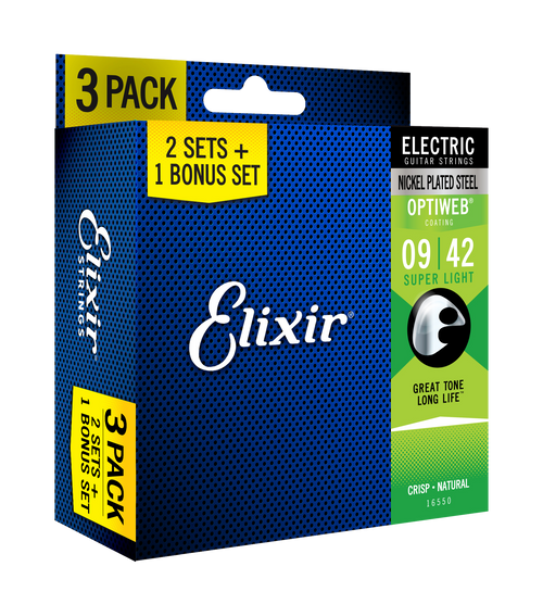 Elixir 3 Pack Electric Nickel Plated Steel with OPTIWEB Coating Super Light (.009-.042)