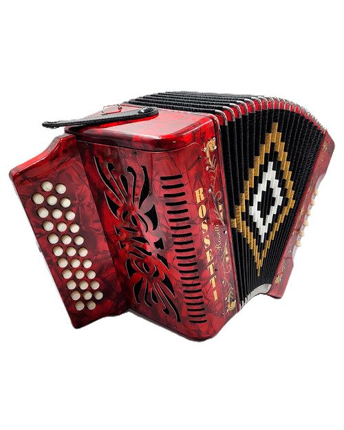 Rossetti 3 Row, 31 treble, 12 bass Diatonic button GCF red accordion
