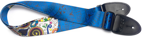 Stagg Blue terylene guitar strap with big Mexican skull pattern
