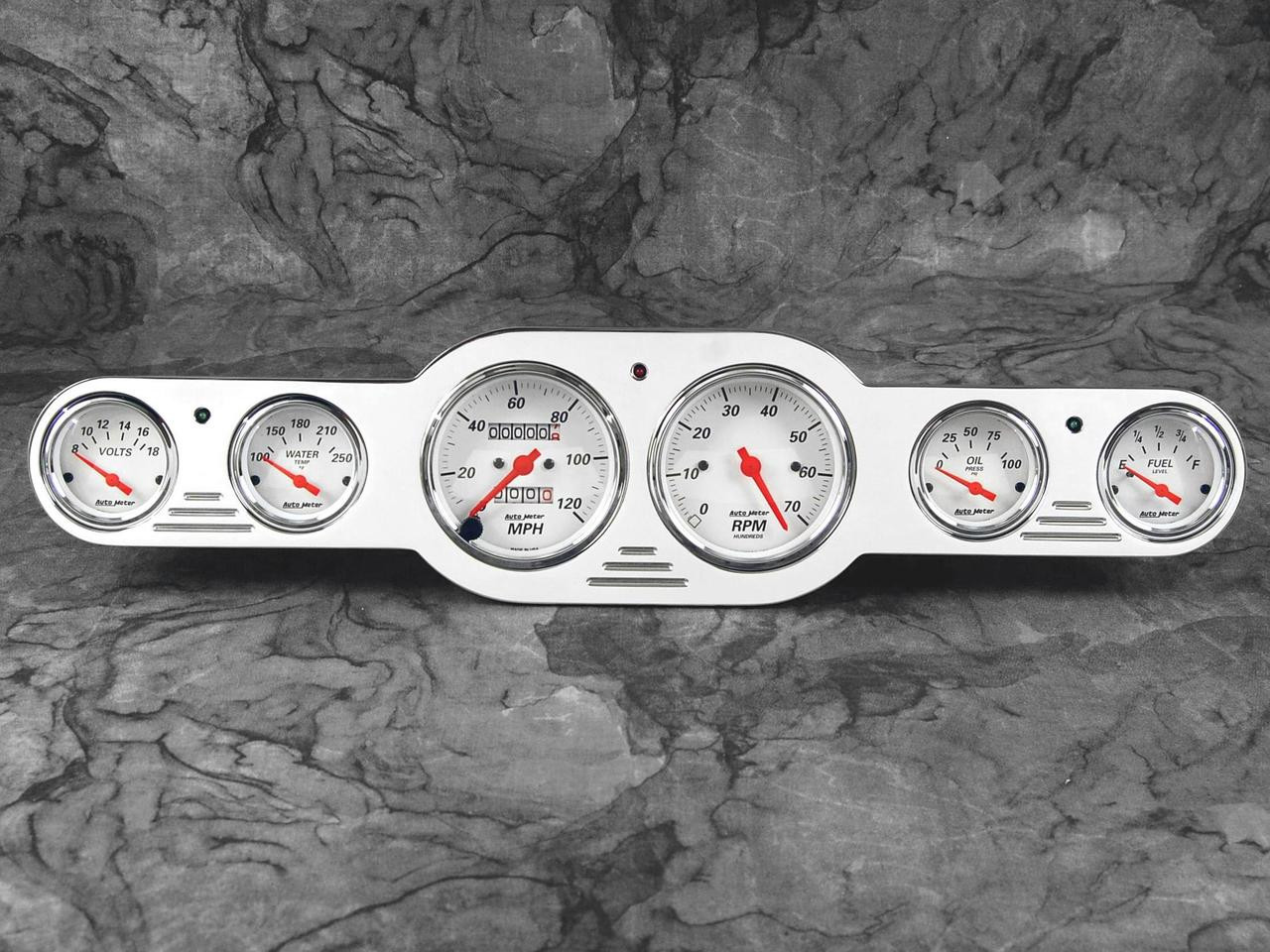 Universal 6 gauge street rod dash insert w/ Auto Meter Arctic White gauges. (Measures 19 7/16" x 4 7/16")