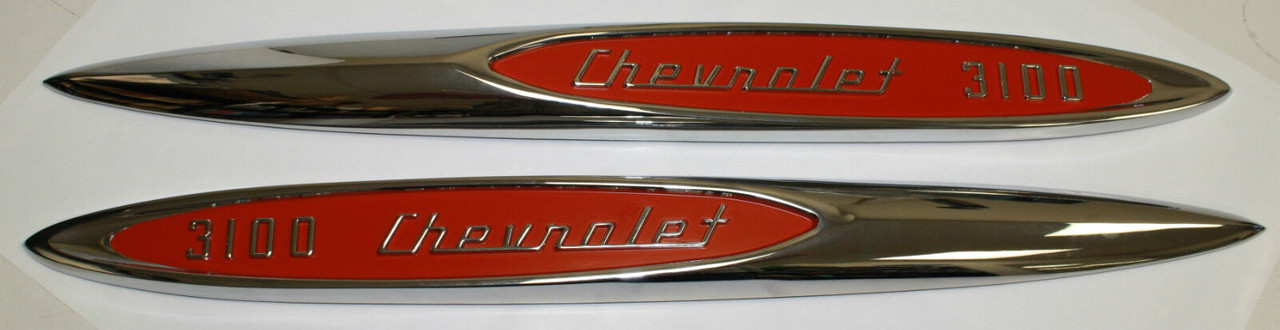 1957 Chevy Truck Fender Side Emblems Chrome "Chevrolet 3100" With Red Painted Details. Pair