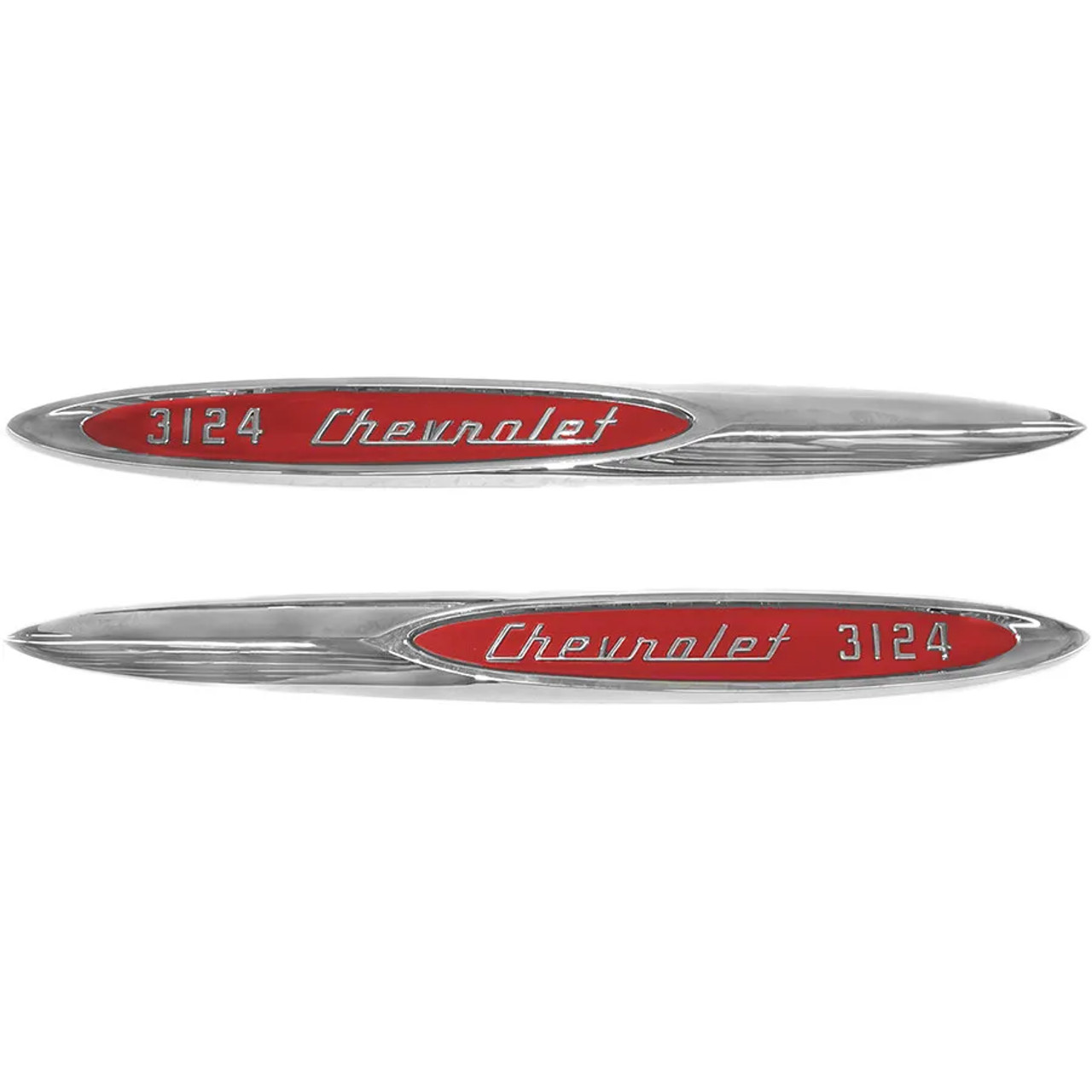 1957 Chevy Truck Fender Side Emblems Chrome "Chevrolet 3124" With Red Painted Details. Pair