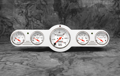 Universal 5 gauge street rod dash insert w/ Auto Meter Arctic White gauges. Dash insert measures 15 3/4" x 4 7/16".