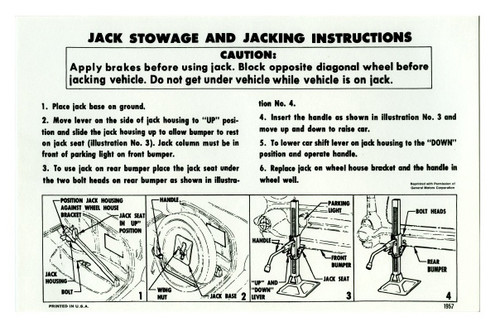 1957 Chevy Car Reproduction Jacking Instruction Decal