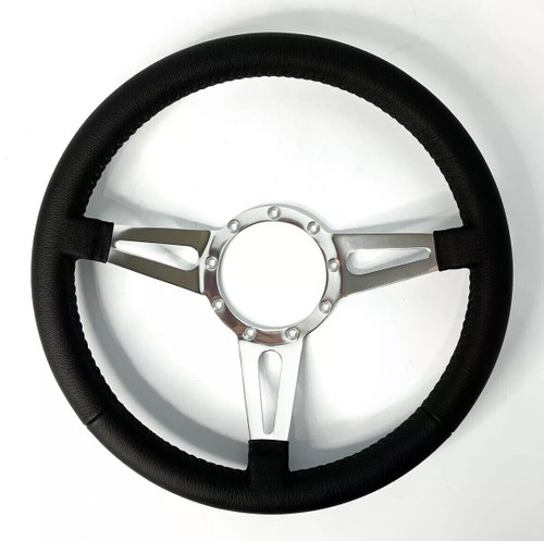 14" Polished 3-Spoke Slotted Steering Wheel w/ Black Leather Grip - 9 Hole