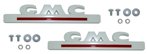 1947-1954 GMC Truck Hood Side Emblems White with Red Painted. Pair