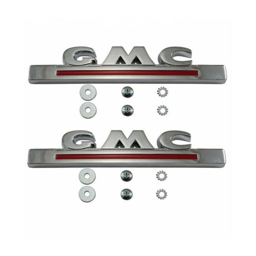 1947-1954 GMC Truck Hood Side Emblems Chrome White with Red Painted. Pair