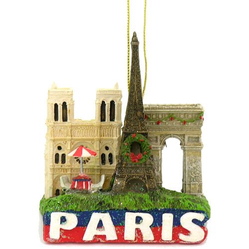 Paris Christmas ornament with the Eiffel Tower, Notre Dame, Arc de Triomphe and the Paris cafe table.