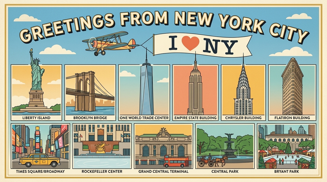 Vintage postcard of New York City landmarks