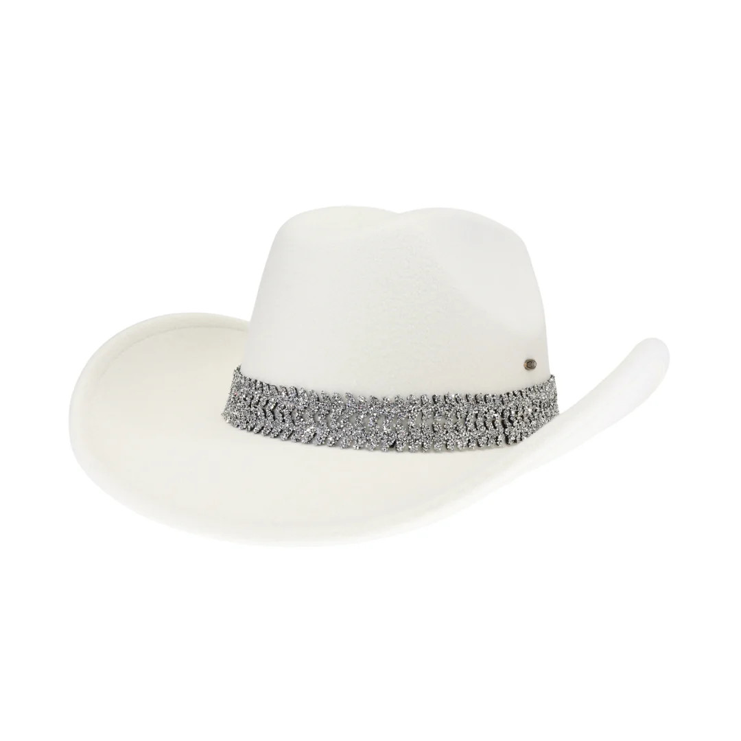 C.C. Exclusive White Hat With Crystal Sparkle Band White & Silver Glitter Curved Peak Cap – Jukebox Fashion main image 4