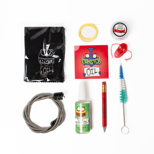 French Horn care and cleaning kit, unpacked with all components visible. Keep your horn clean, healthy, and shiny with the highest quality, best value accessory kit anywhere in the world. Great gift for horn players.