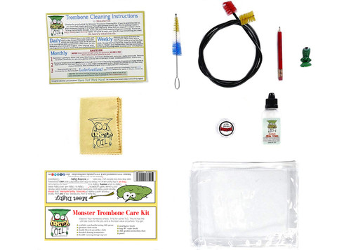 Trombone care and cleaning kit, unpacked with all components visible. Keep your horn clean, healthy, and shiny with the highest quality, best value accessory kit anywhere in the world. Great gift for trombone players!