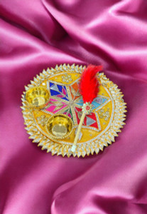 kumkum thali with 2 roli chawal Holder with Stick for Welcome Plate Home Pooja Wedding Rakhi Pooja thali Ethnic minakari Work traditinal haldi kumkum thali ((6 INCH) Design-3) kumkum thali with 2 roli chawal Holder with Stick for Welcome Plate Home Pooja Wedding Rakhi Pooja thali Ethnic minakari Work traditinal haldi kumkum thali ((6 INCH) Design-3)