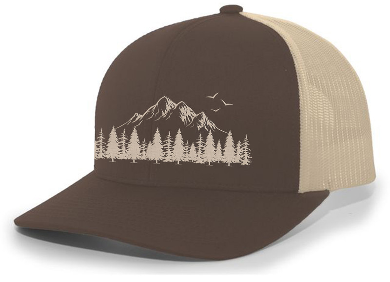 Mountain Scene Tamarak Pine Forest Embroidered Mesh Back Trucker Hat