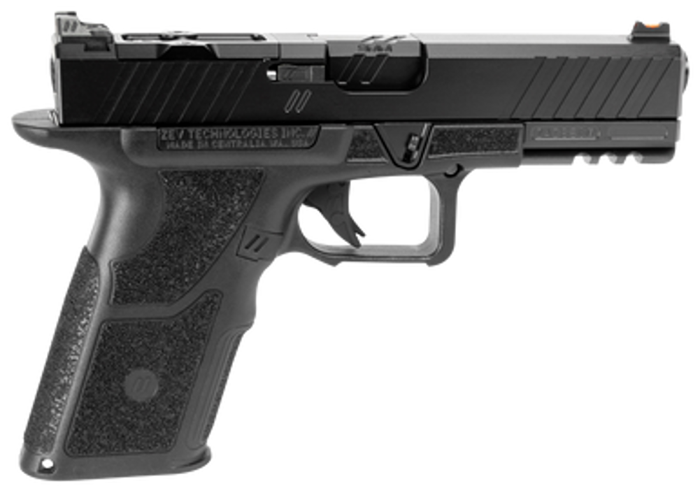 ZEV OZ9SDUTYSS OZ9 Duty Standard 9mm Luger 15+1 4.50", Black, Serrated Stainless Steel Slide with Optic Cut, Polymer Frame with Picatinny Rail, Fiber Optic Combat Sights
